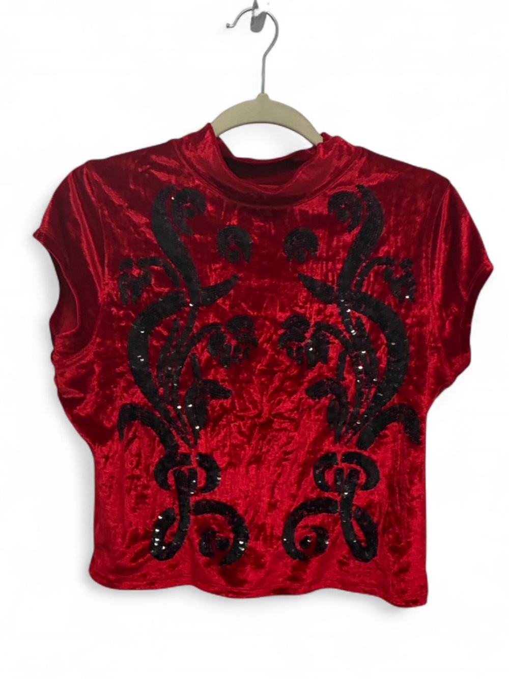 Free People Red Velvet Sequin Embellished Short Sleeve Top